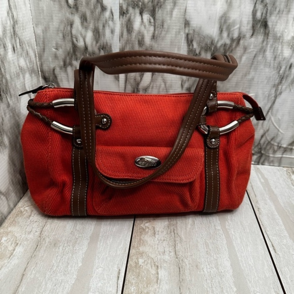 Relic Rust Corduroy Double Handled Barrel Bag Brown Leather Straps Accents Y2K